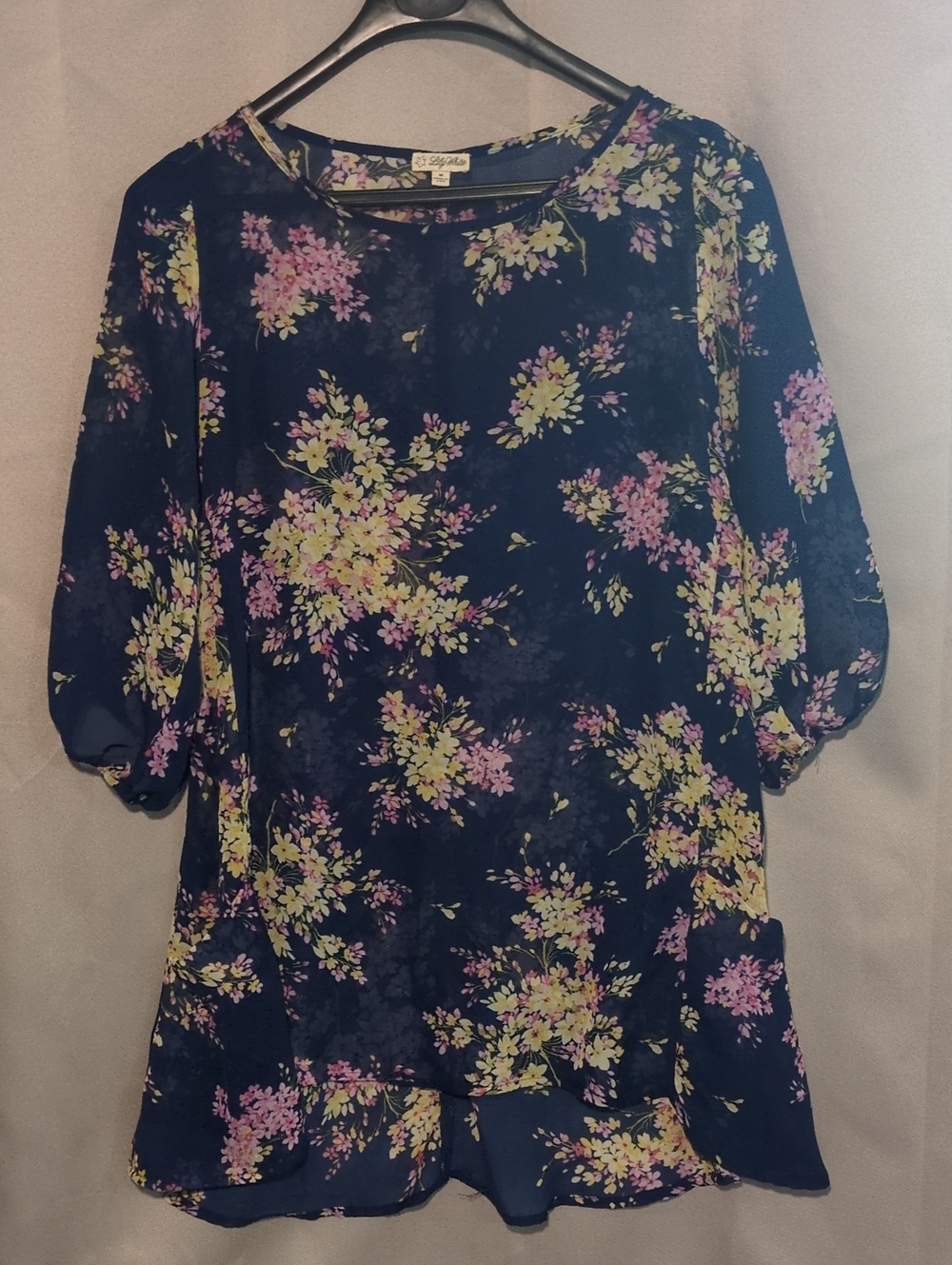 Lily White Navy Floral Top with Pink & Yellow Blooms